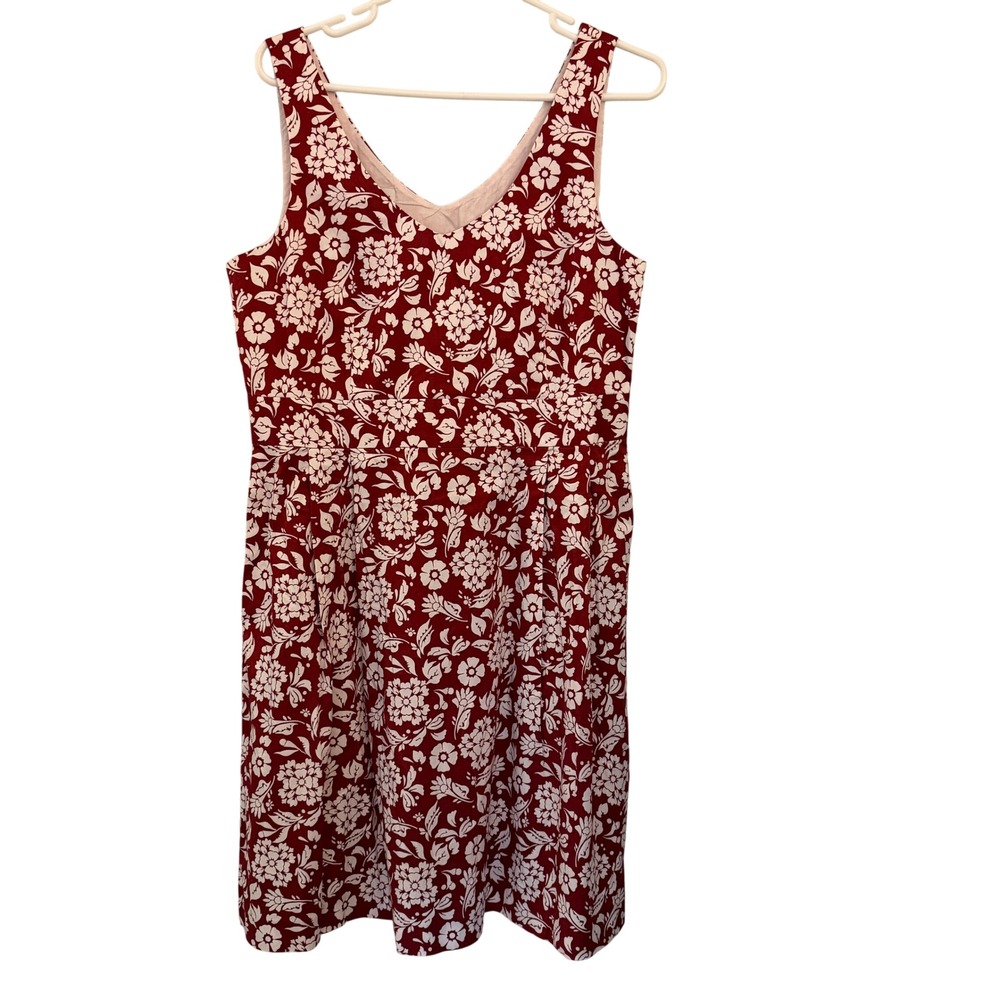 L.L. Bean Signature Floral Dress Womens 12 Red White Sleeveless Excellent Cotton